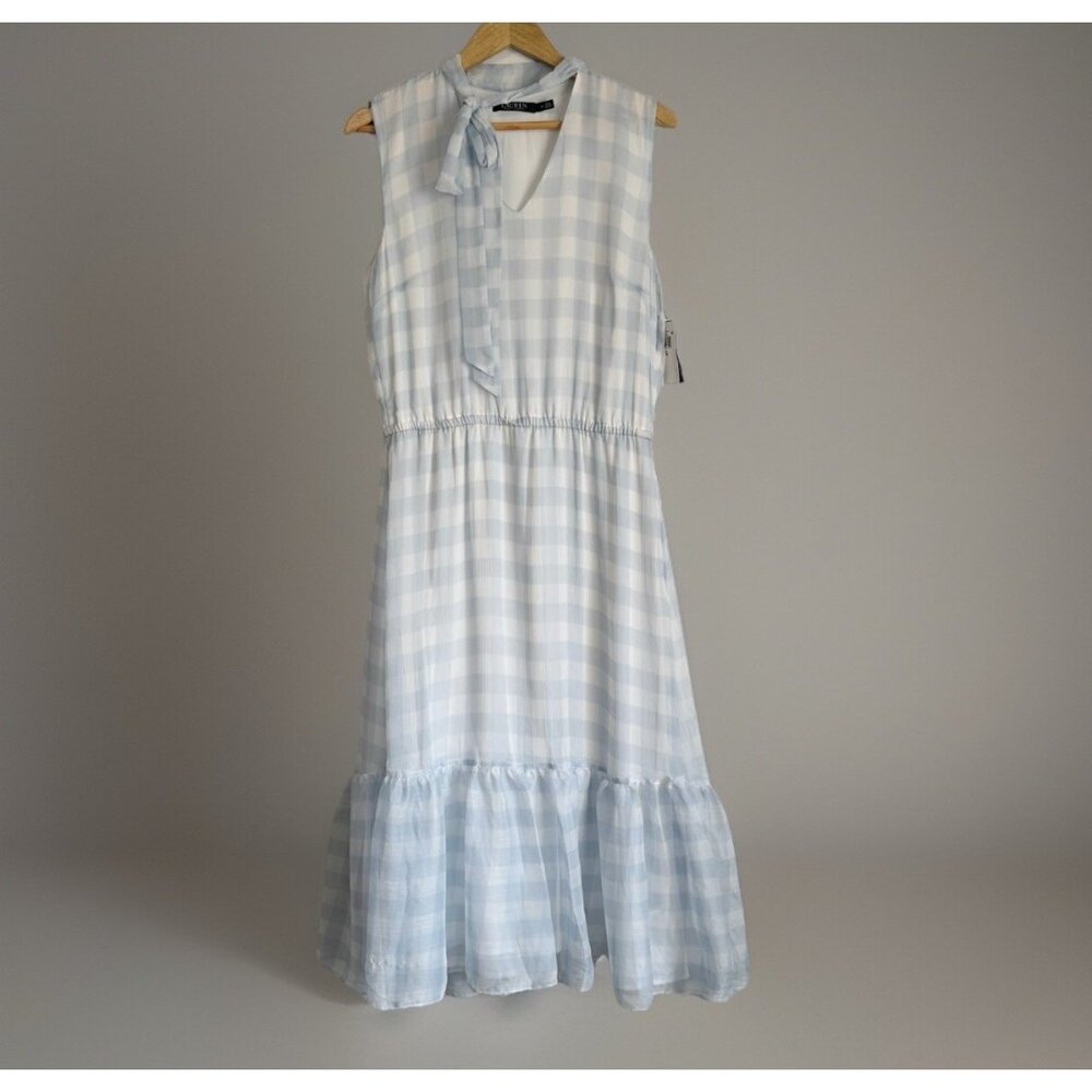 Lauren Ralph Lauren Women’s English Blue Gingham Plaid Silk Dress 10 Tie-Neck
